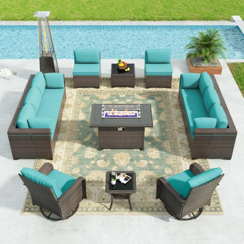 14 Pieces Outdoor Patio Furniture Set with Gas Propane Fire Pit Table,PE Wicker Rattan Sectional Sofa Patio Conversation Sets w