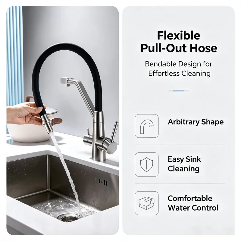 304 Stainless Steel 3-in-1Kitchen Faucet, Silicone Gooseneck Swivel Sink Tap, Hot Cold Water Mixer for Vegetable Basin Home Use