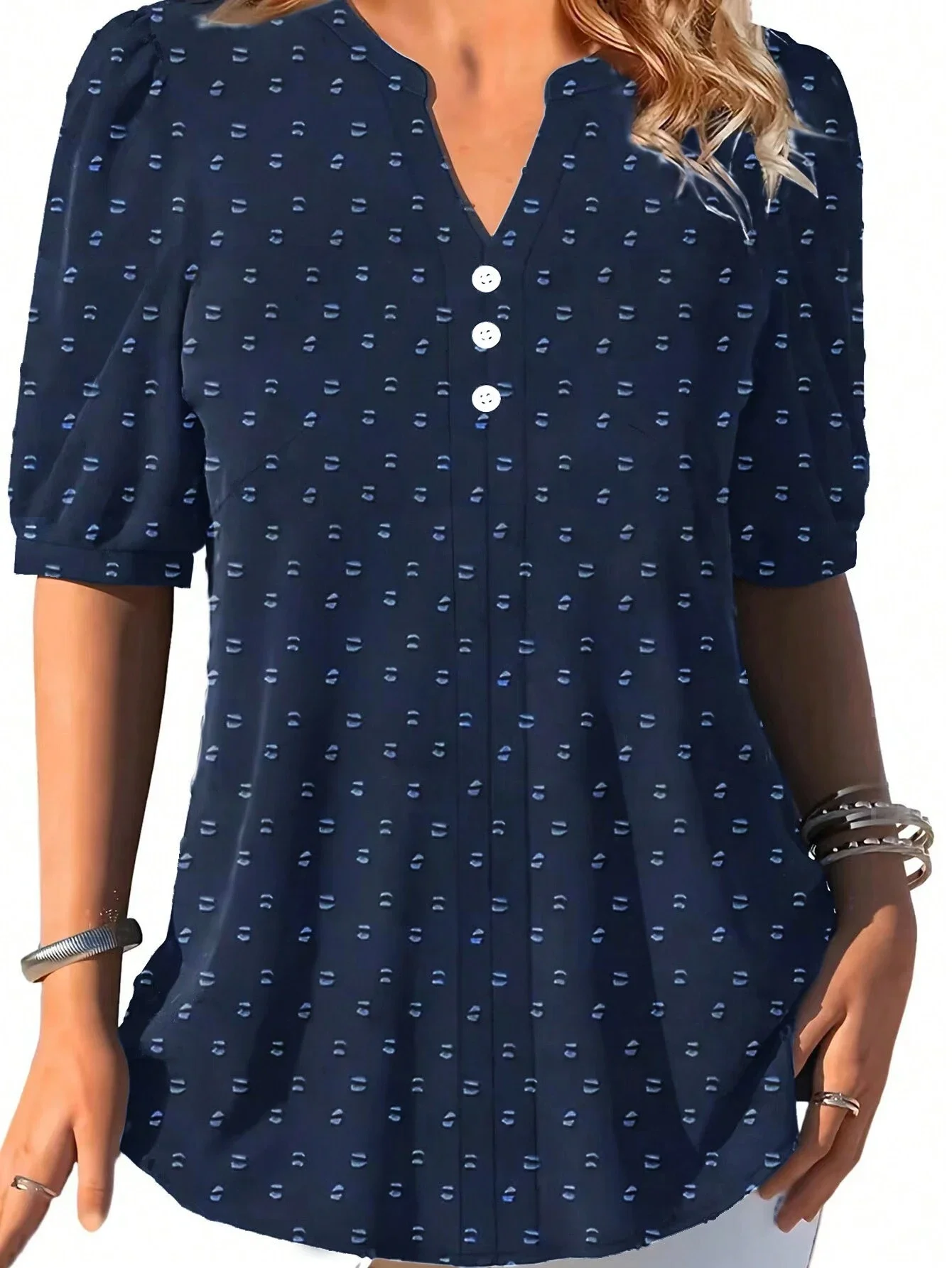 

Plus Size Swiss Dot Button Notched Collar Shirt Casual Summer
