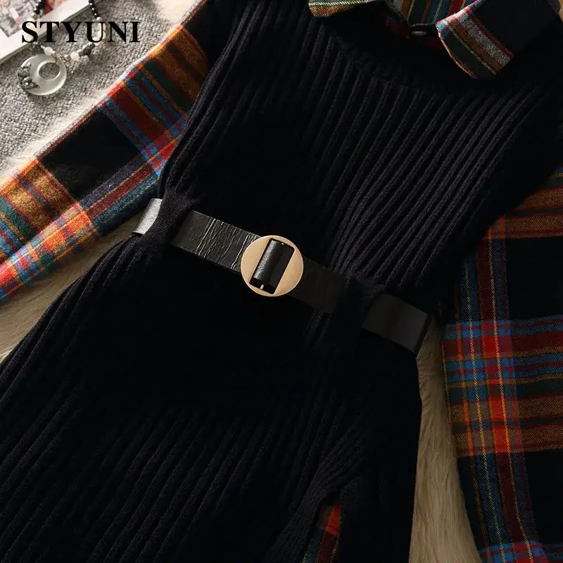Plaid Flare Sleeve Single Breasted Blouse Shirt Knitted Pullover Vest Women\'s Dress Sets Korean Fashion Short Suit Two Piece Set