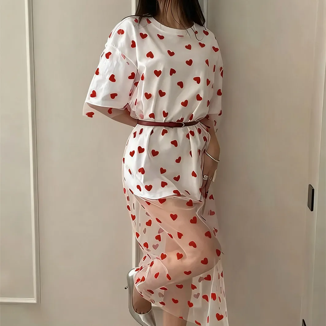 

Женское летнее двухслойное платье-футболка ко Дню святого Валентина, модное платье с коротким рукавом и круглым вырезом с принтом милого сердца, топы