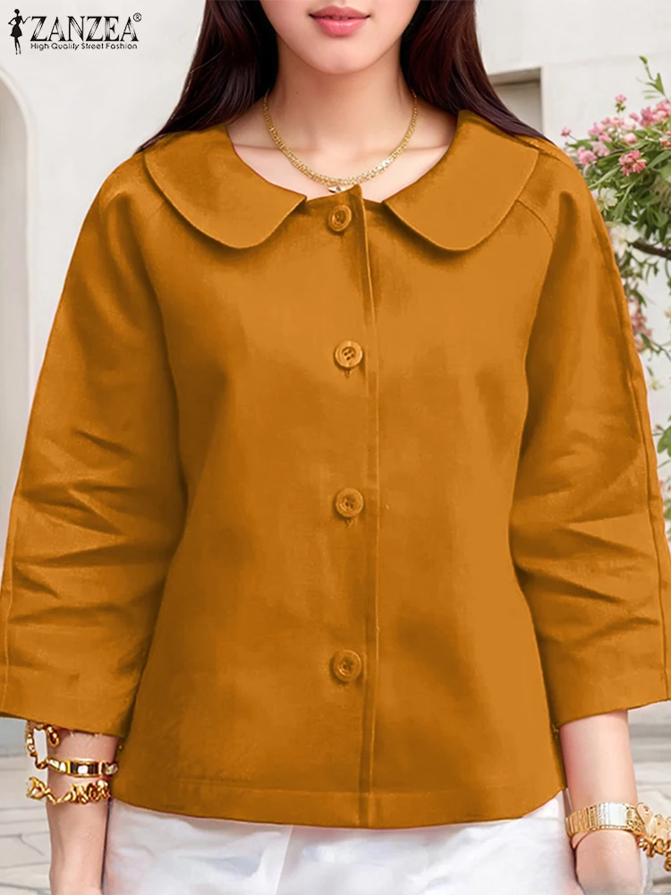 

ZANZEA Vintage Shirts Women Solid Color Fashion Blouse Summer 3/4 Sleeve Lapel Casual Tunic Tops Buttons Loose Oversized Blusas