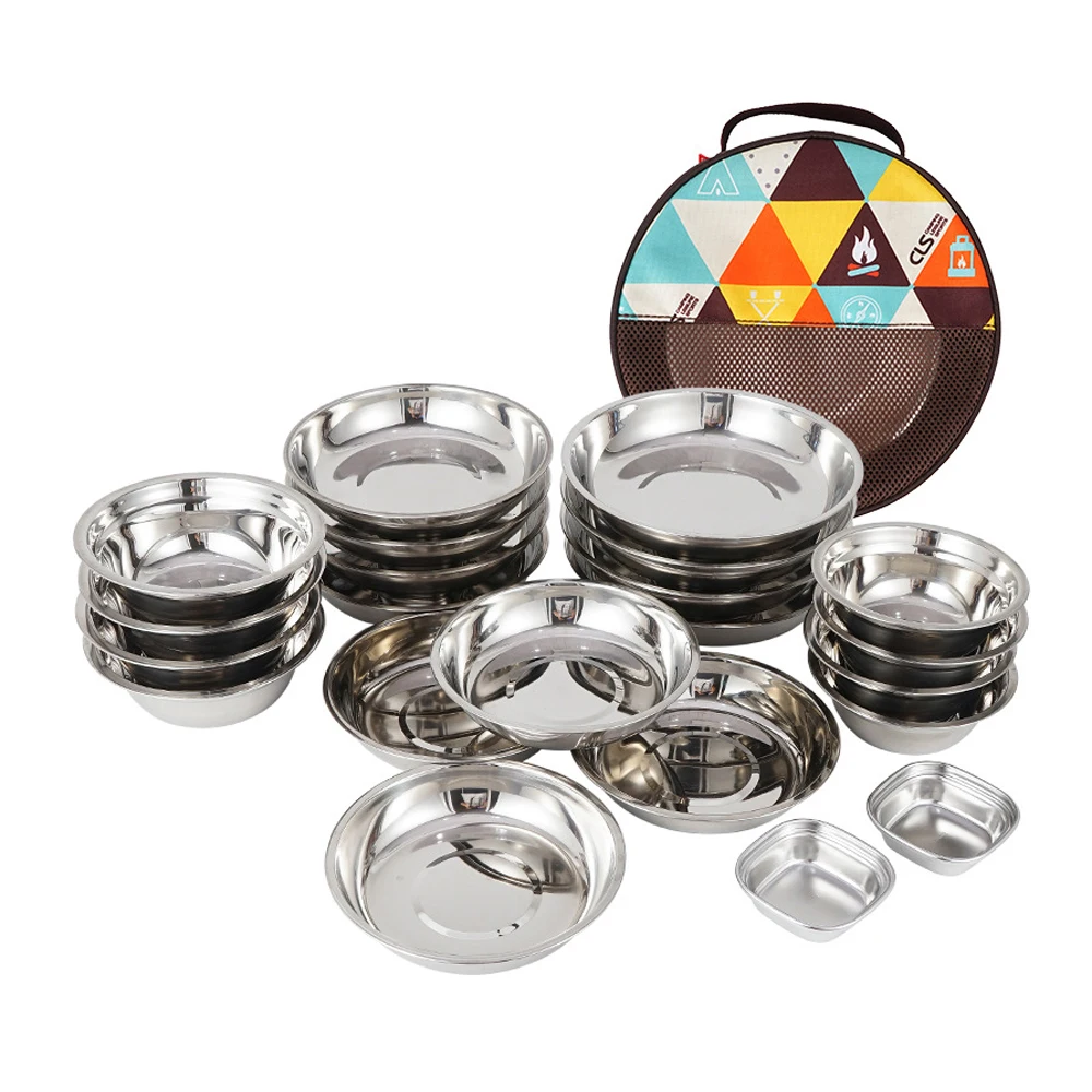 

CLS 22PCS Portable Dinner Plates Camping Tableware Set Polished Stainless Steel Bowls Soup Pots with Storage Bag for Camping