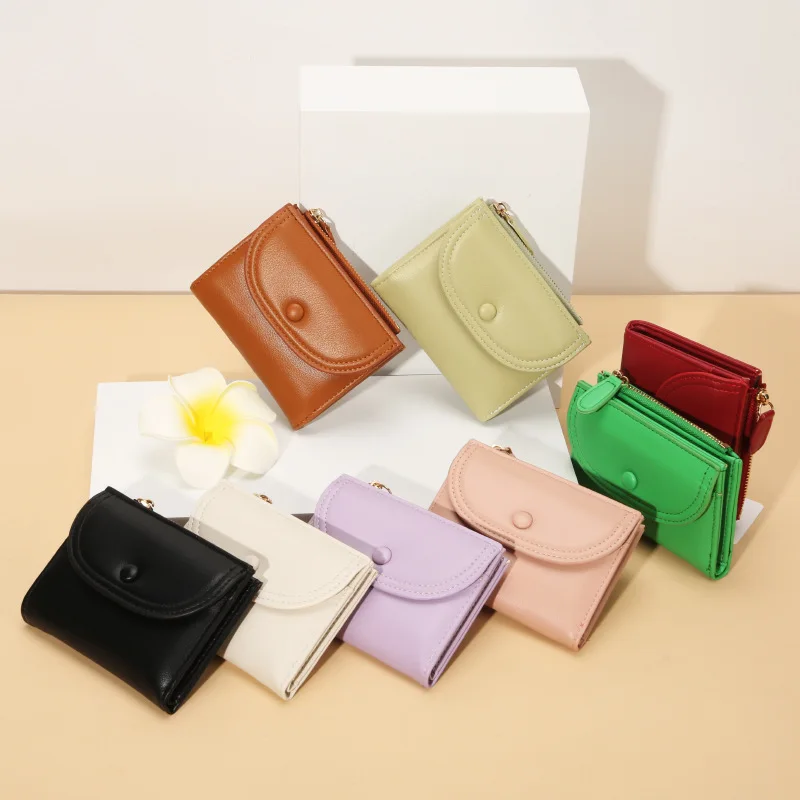 Women Small Leather Wallet Card Holder Mini Purse Zipper Coin Pocket Button Closure Short Bifold Clutch Bag Ladies Gift