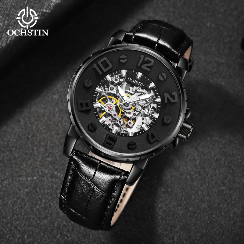 OCHSTIN Master Series Men Hollow Skeleton Mechanical Watch Premium Genuine Leather Strap Waterproof Business Casual Wristwatch