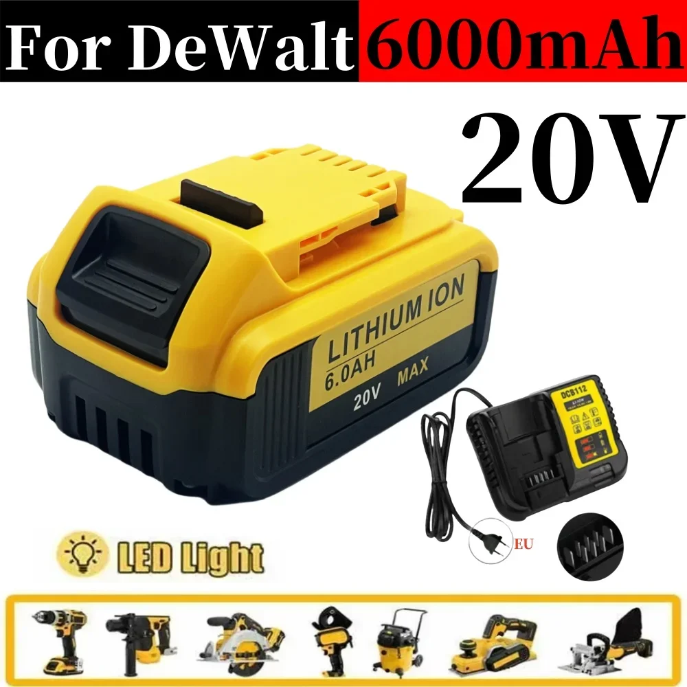 Para dewalt dcb200 20v 6000mah bateria 6000mah bateria de íon-lítio substituível dcb207 dcb204 dcb203 baterias de ferramentas elétricas led luz de trabalho