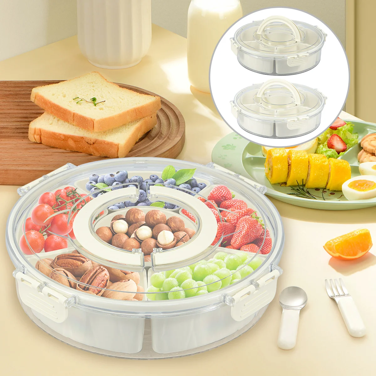 

360Rotate Charcuterie Container Snackle Box Divided Serving Tray Portable Storage Organizer For Candy Fruits Kitchen Accessories