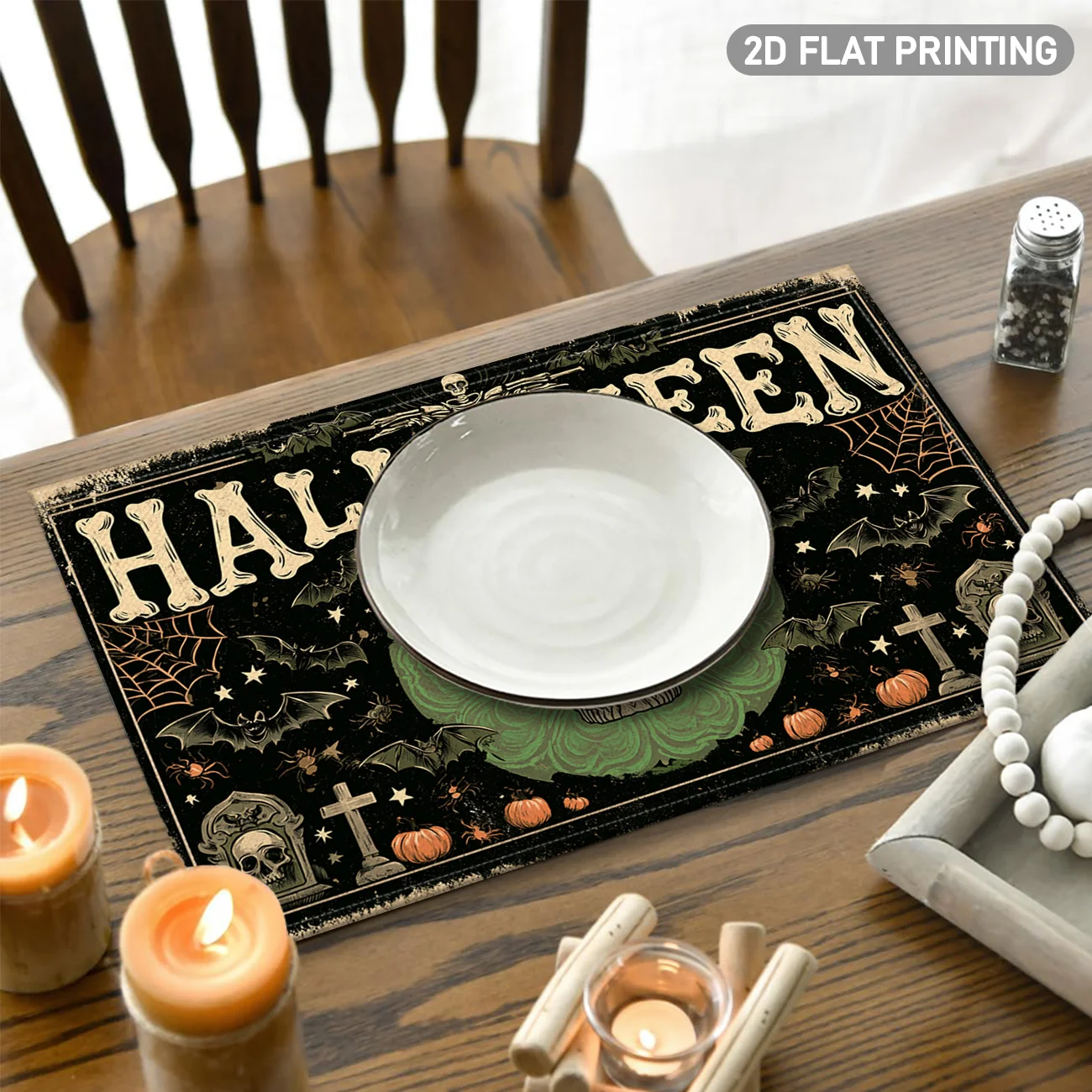 4pcs Halloween Placemat Set, Skull Pumpkin Bat Spider‑Web Print, 2D Mats for Indoor Outdoor Kitchen Daily Party Table Decor