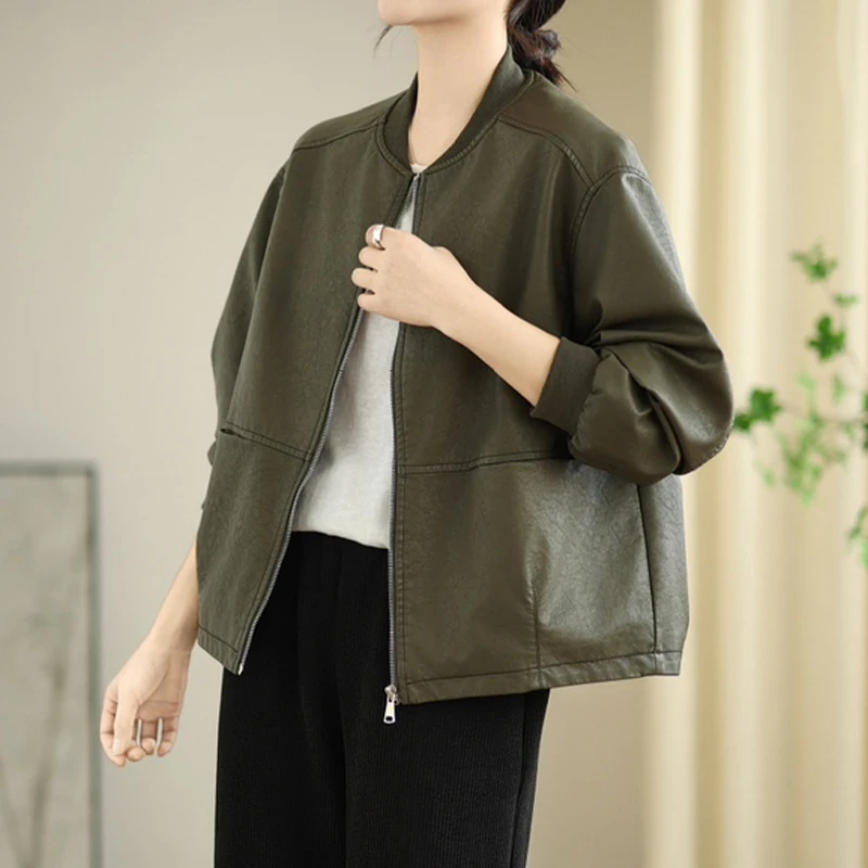 Masss Wasss 韓国秋女性ルーズレジャーヴィンテージフェイクレザージャケットレディースクラシック V ネックウインドブレーカーファッション PU コート