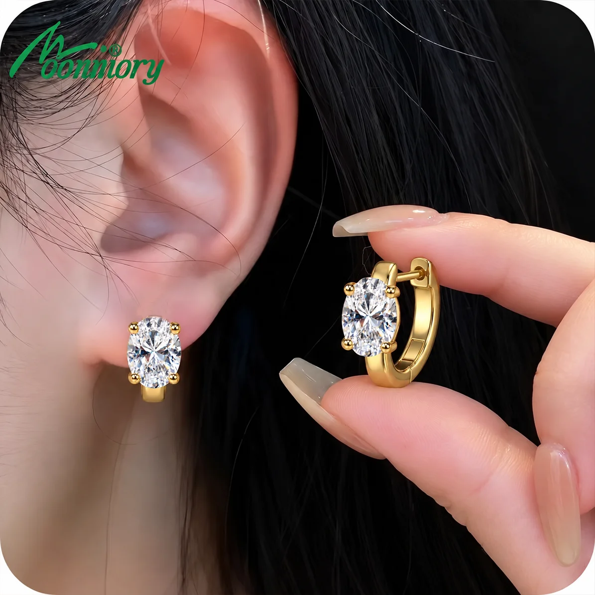 Moonmory Verbesserte Minimalistische Messing-Creolen für Damen, Luxusmarke, Doppelte 14K Vergoldete Marquise-Oval-Huggie-Ohrringe, Großhandel – Detail 4