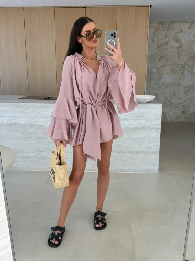 2025 Spring Summer Elegant Ruffle Loose Casual Flare Sleeve V neck Lace Up Irregular Solid Holiday Dresses Sexy Women Mini Dress
