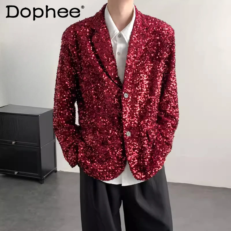 

Men's 2026 Spring New Shiny Sequin Solid Color Jackets Glossy Long Sleeve Handsome Chic Coats Bling Bling Delicate Unique Coats