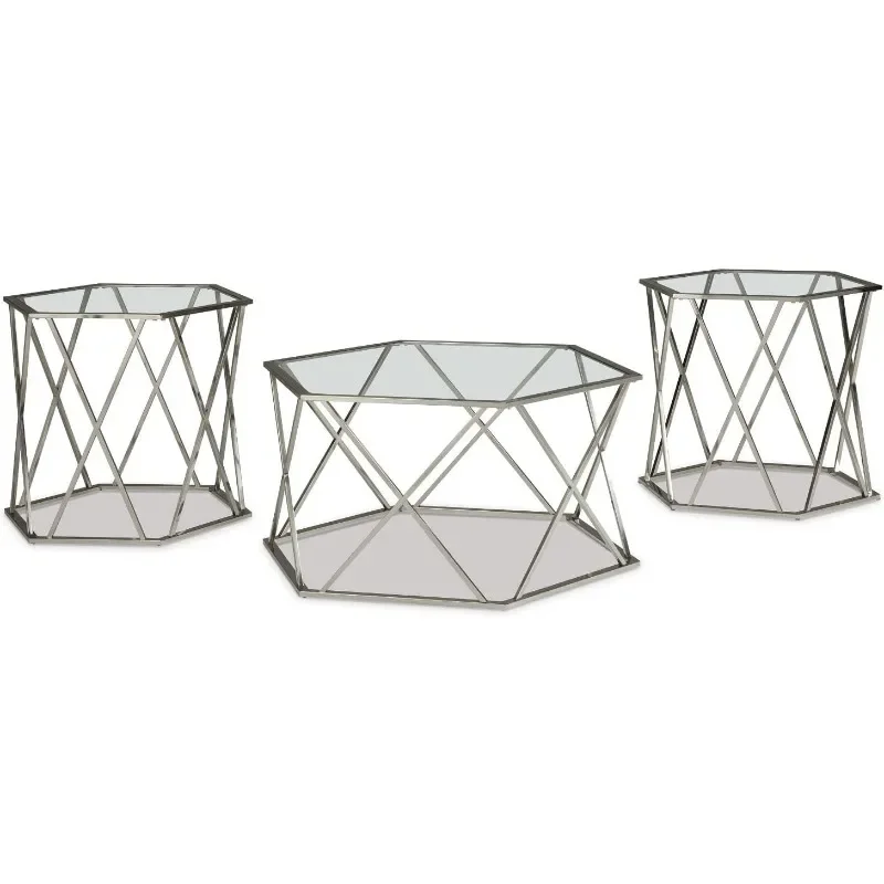 

Modern chrome alloy three piece dining table set, including coffee table and two coffee tables