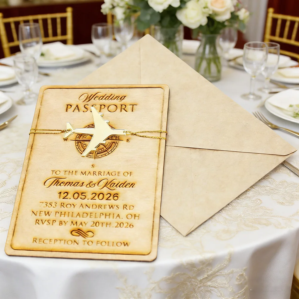 Invito Matrimoniale Personalizzato Inciso, Inviti 100% In Legno Con Etichette Acriliche A Forma Di Aeroplano, Invito Nuziale Con Buste Gratuite