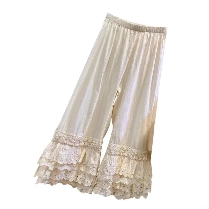 Q1FA Women's Ruffle Lace Accent Bloomer Breathable Cotton Wide Leg Pettipants Culotte