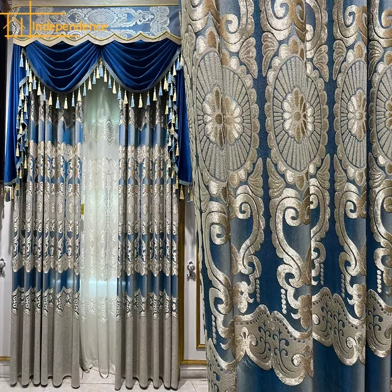 

New Blue Hollow Window Screen Velvet Curtains for Living Room Bedroom French Window Balcony Window Villa Customization Valance