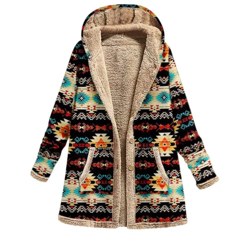 

New Years Women's Cotton Linen Hooded Printed Jaet Long Sve Mid-Length Coat Autumn Season Faion Ladies' Outerwear