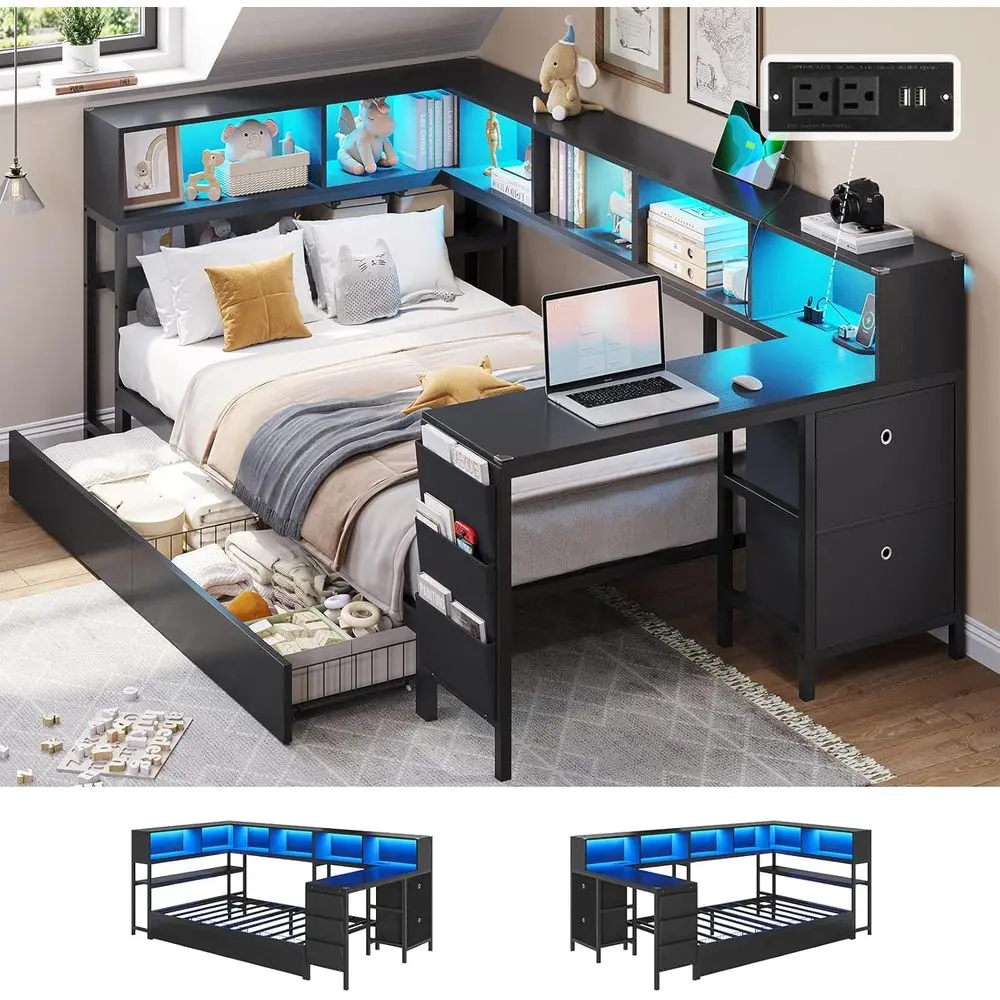 

Twin Size Daybed with Desk, Charging Station, Bookcase Storage, LED Lights, and Shelves in Black