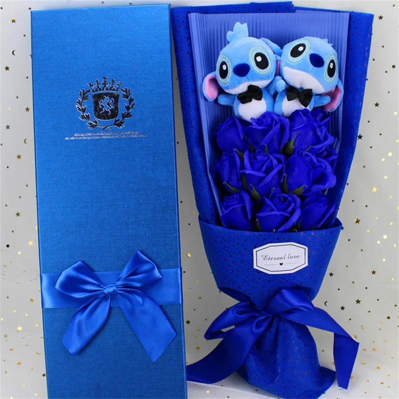 Stitch Bouquet Flower Lilo and Stitch Cartoon Plush Toy Blue Rose Bouquet Gift Box Decoration Valentine's Day Graduation Gift