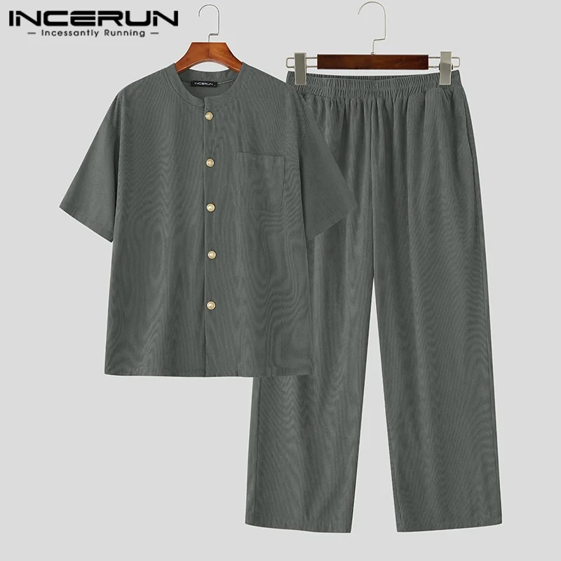 

INCERUN Men Sets Solid Color Corduroy Loose O-neck Short Sleeve Shirt & Pants Two Pieces Sets Streetwear 2025 Fashion Men Suits