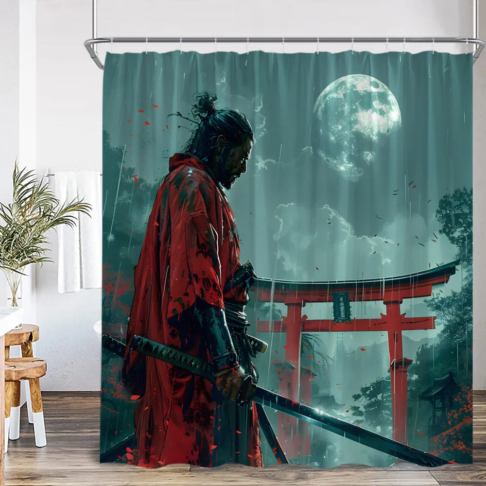 Japanese Warrior Samurai Shower Curtain Japan Shrine Red Full Moon Cherry Blossom Bathtub Decor Polyester Bath Curtain with Hook