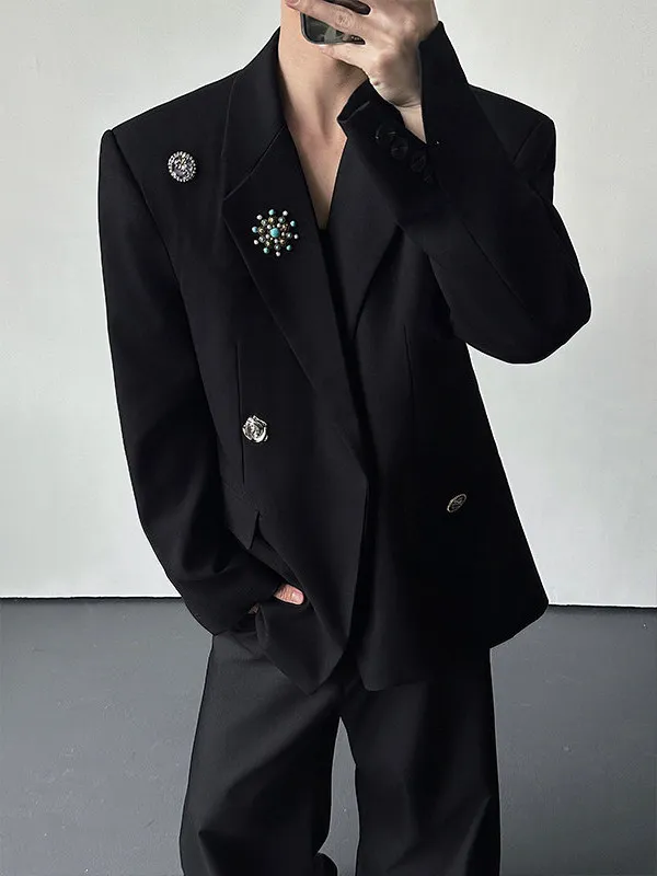 

Spring 2026 Men's oulder Padded Suit Jaet Luxury Slim Fit Metal Chest Pin Waist Cinched Casual Long Sve Polyester Fiber