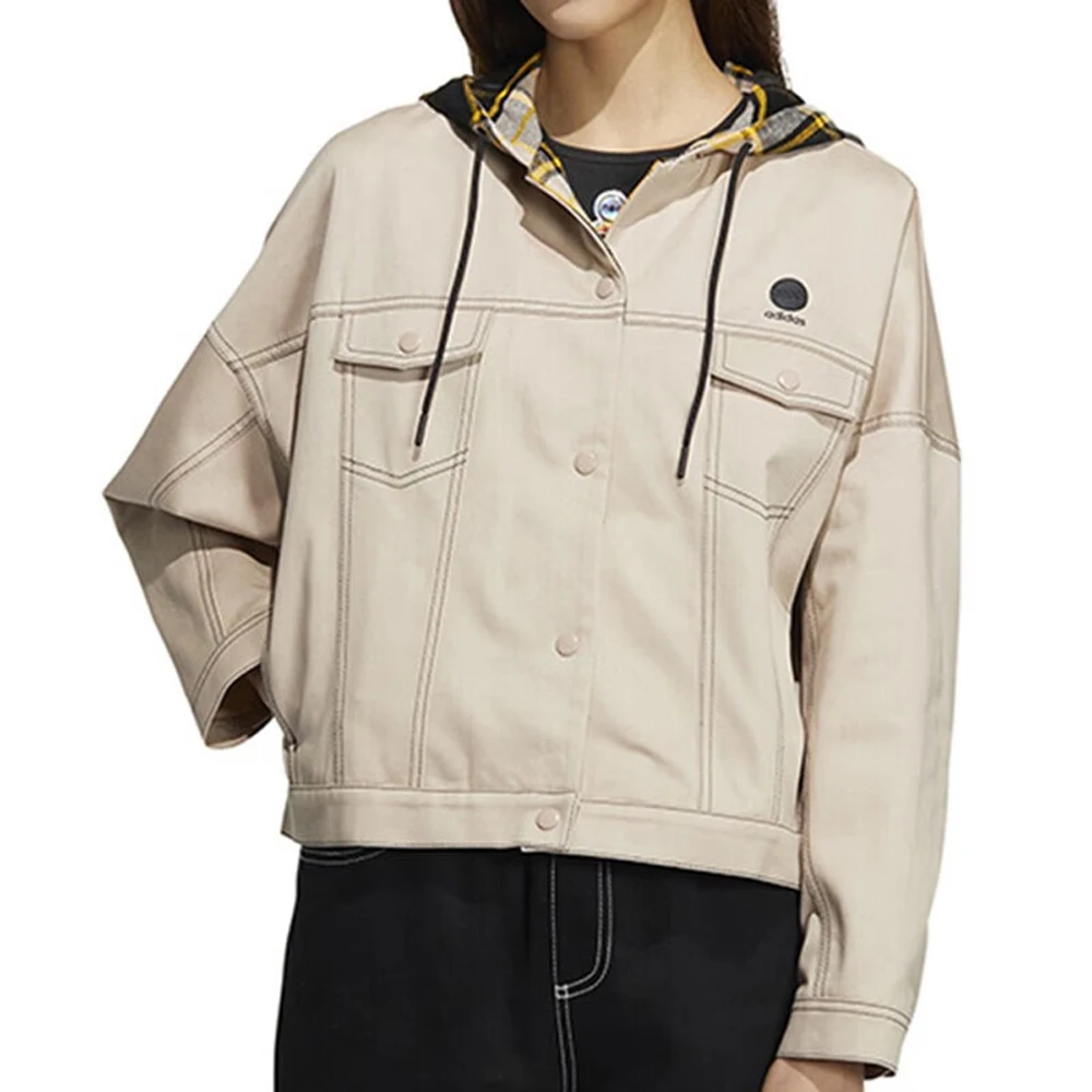 

Adidas Originals Line Casual Beige Hooded Outerwear Fashionable Functional Pockets Unique Plaid Detail For Urban Leisure Scenes