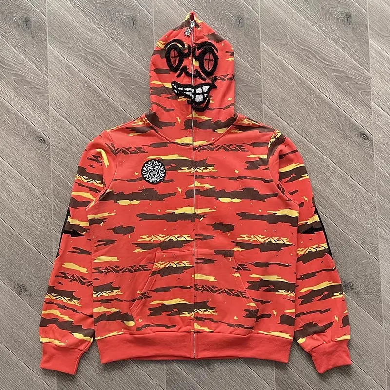 

Красная камуфляжная толстовка на молнии Glo Gang The Glory с вышивкой в виде мультяшных напитков, свободная, унисекс