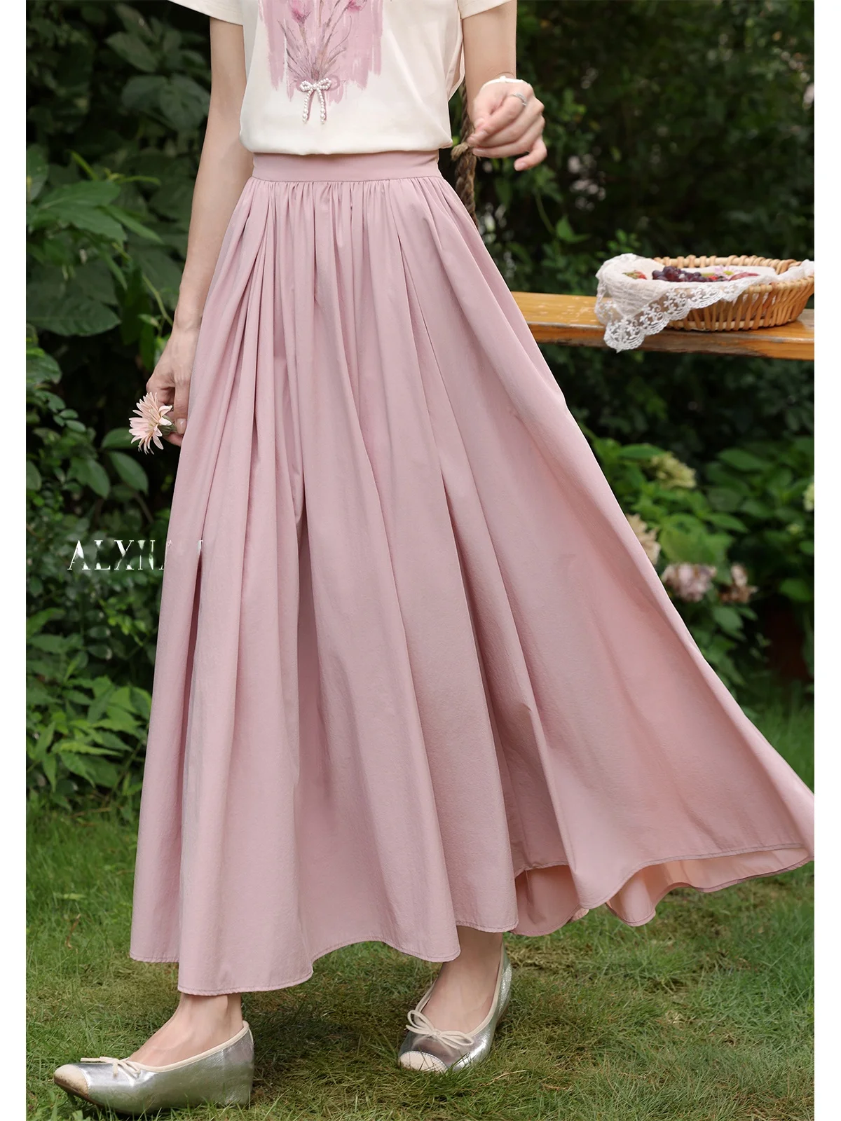 South Deer Peach Blossom Language Gonna rosa f-lunghezza Vita alta A-line Garza Gonna casual estiva da donna