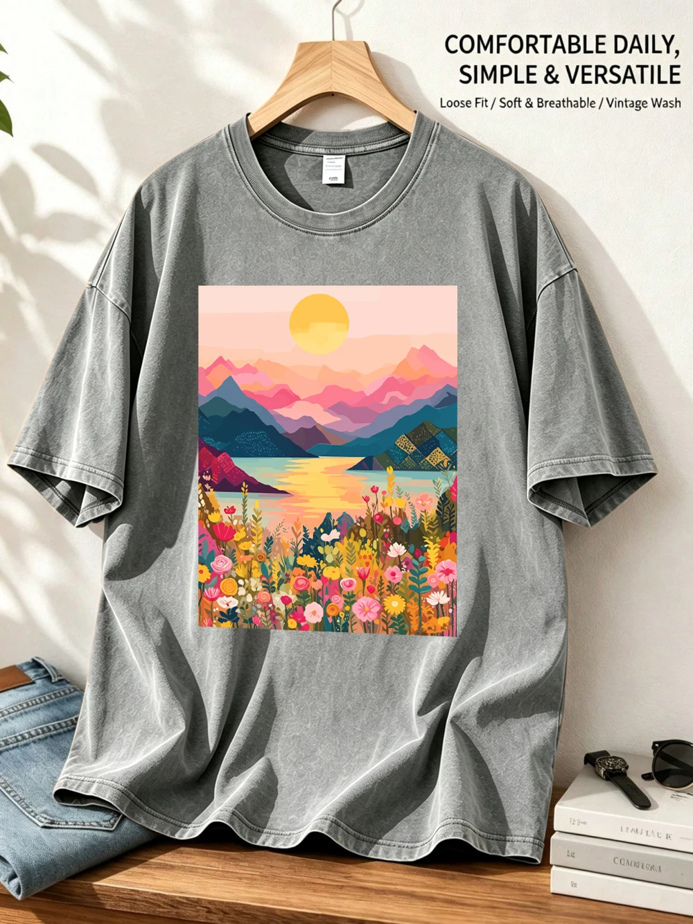 Mountain Lake Sunset Wildflower Prints Washed T-Shirt Women Cotton Oversized Tops Summer Comfortable O-Neck Tees Casual Clothes