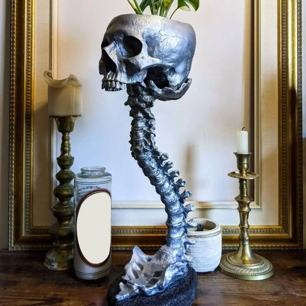 Modern Skull Planter Realistic Skull Planter with Spine Stand for Home Decor Halloween Candy Bowl Resin Flower Pot for Office