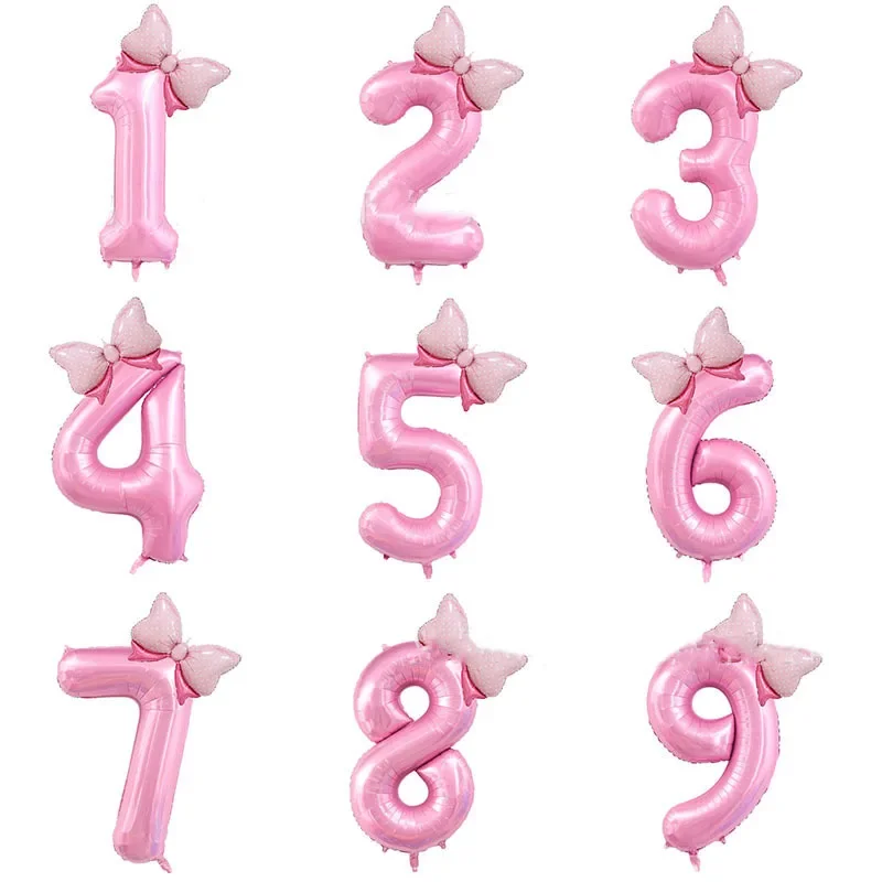 40inch Pink Bownot Digital Aluminum Film Balloon Kids Girls One Year Old Happy 1st 2nd 3rd Princess Birthday Party Decors Balons