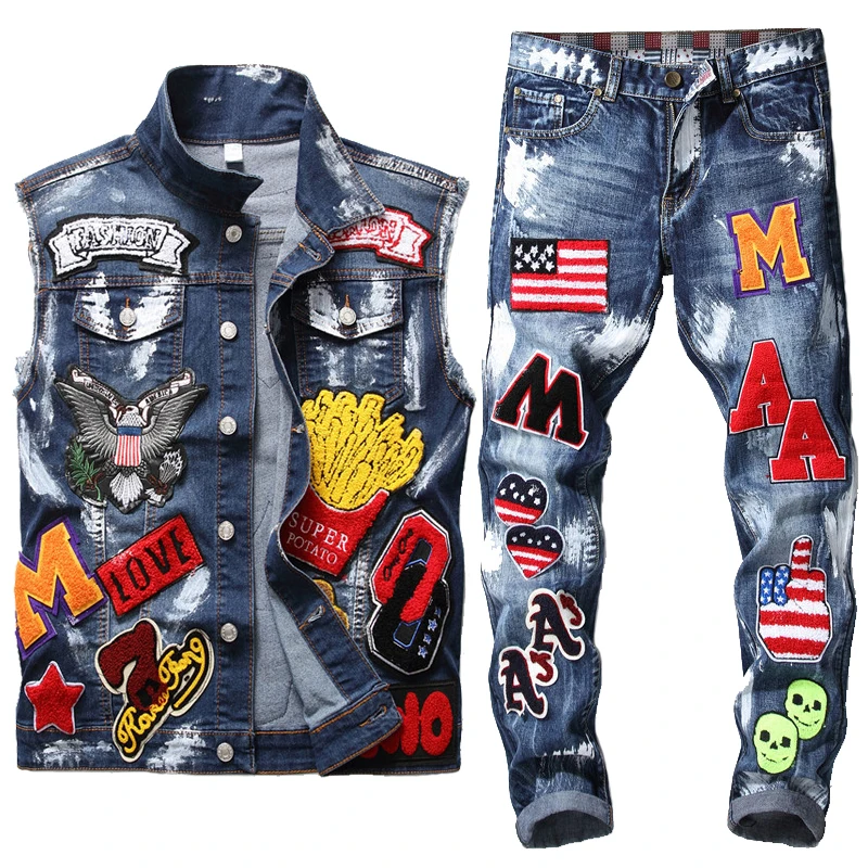 

Mens Jeans Suit Washed Embroidered Paint Sets Skull Cowboy Vest + Small Straight Flag Badge Slim Jeans Street Style 2 Piece Set