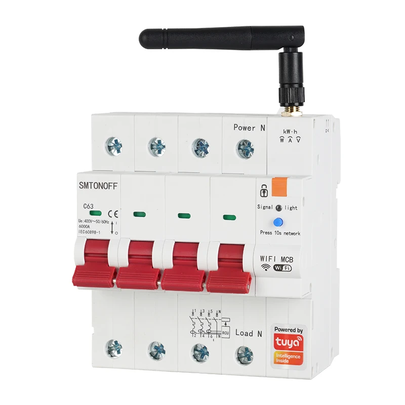 Tuya Smart WiFi 4P MCB 63A RS485 Breaker Prepaid Meter Timer Switch Voltage Current Protector Voice Control Alexa Google Alice