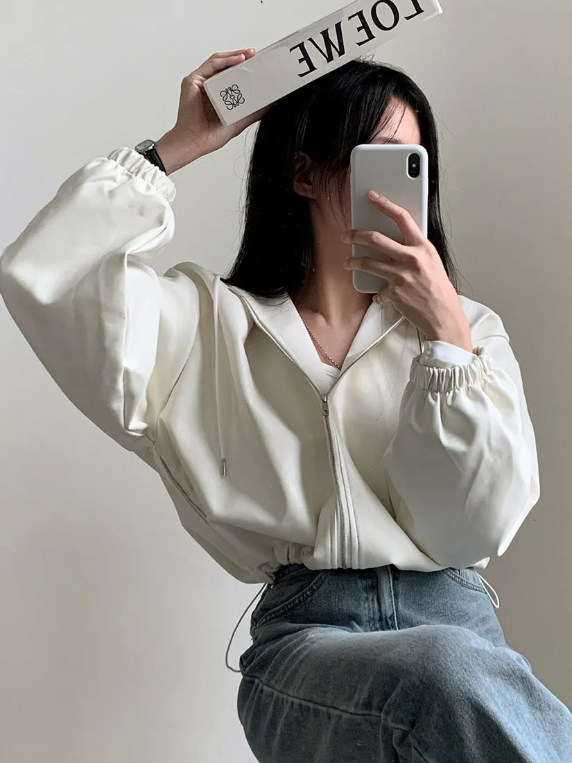  chaqueta de cuero con capucha y cremallera hoada Vintage para mujer, ropa de abrigo de estilo corto con cordón en la c...