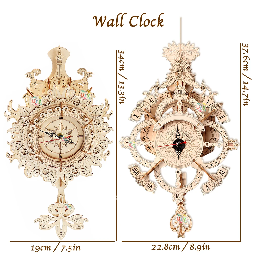 URY 3D Wooden Puzzle Retro Wall Clock Mechanical Model Building Luxurious Style Pendulum Assembly Home Decoration for Kids Gifts