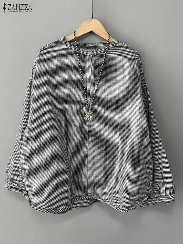 ZANZEA 가을 여성 체크 블라우스 긴 소매 체크무늬 셔츠 2025 패션 O넥 캐주얼 우아한 오피스 스트리트웨어 블루사 페미니나