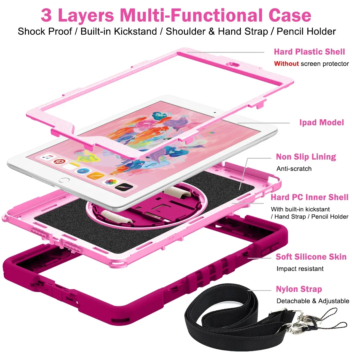 Case for iPad 10.2 9th 8th 7th Gen Shock Absorbent Tablet Cover 10.2 inch With built-in Kickstand & Hand Strap & Shoulder Straps