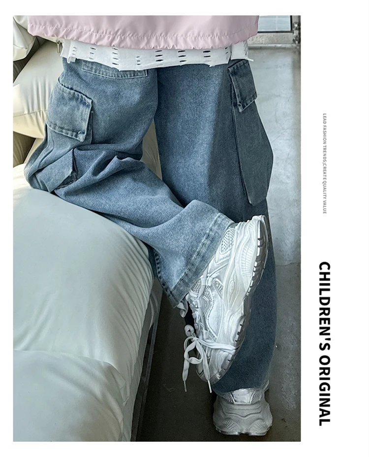 Kinder Retro Distressed Cargo Jeans mit Tasche für Mädchen, Modische Streetwear Denim Hosen, Teenager Kinder Baggy Cargo Jeans Hosen – Detail 5