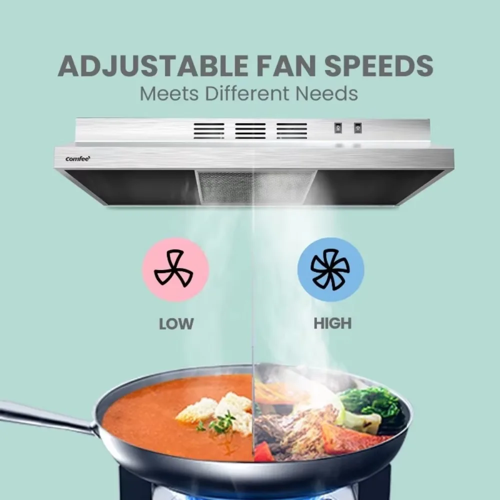 30In Range Hood, Ducted Ductless Vent Hood Durable Stainless Steel Kitchen Hood w/2 Reusable Filter, 2 Speed Exhaust Fan