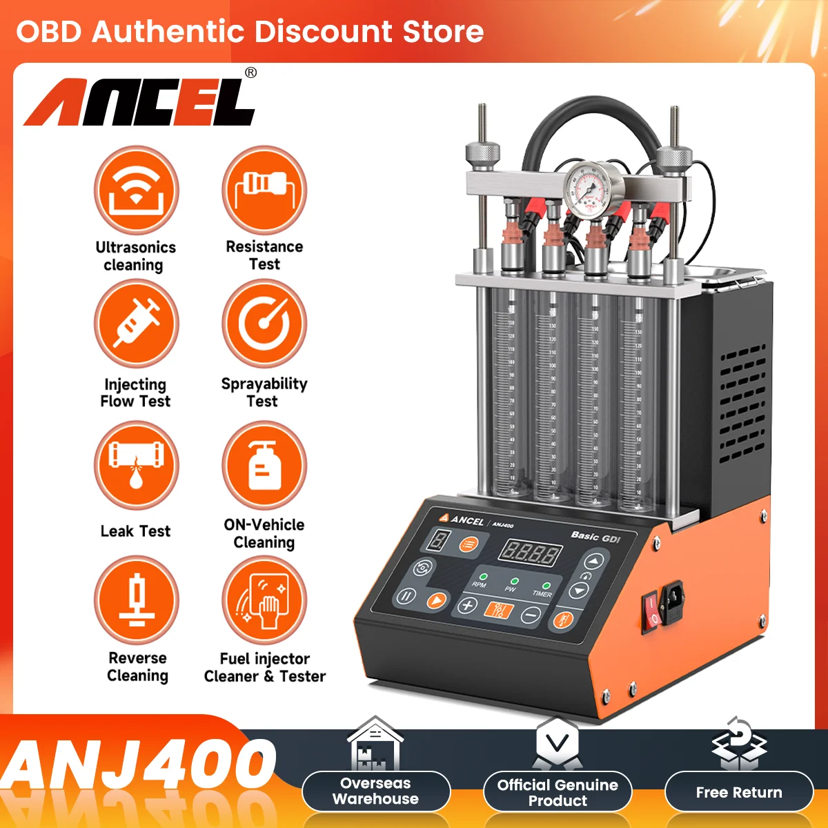 ANCEL ANJ400 Injector Cleaner GDI Fuel Injector Cleaner 4-Cylinders EFI FEI Cleaner Tester Cleaner Ultrasonic Resistance Tester