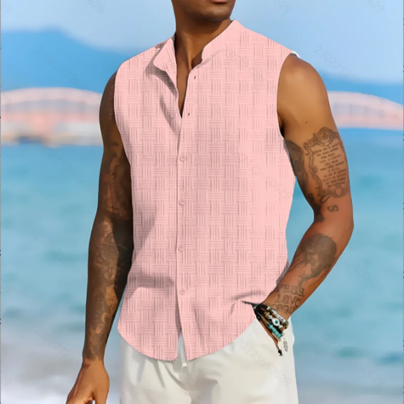 Summer New Men's Chinese style solid color casual jacquard cardigan comfortable breathable stand-up collar sleeveless shirt