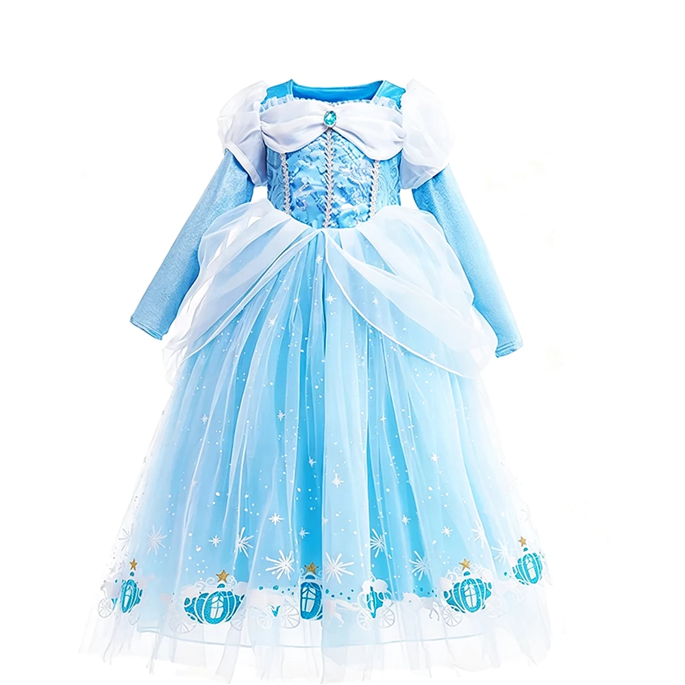 Blue Princess Dress for Girls Long Sleeve Puff Mesh Ball Gown With Crown Necklace Accessories Set For Kids Birthday Party