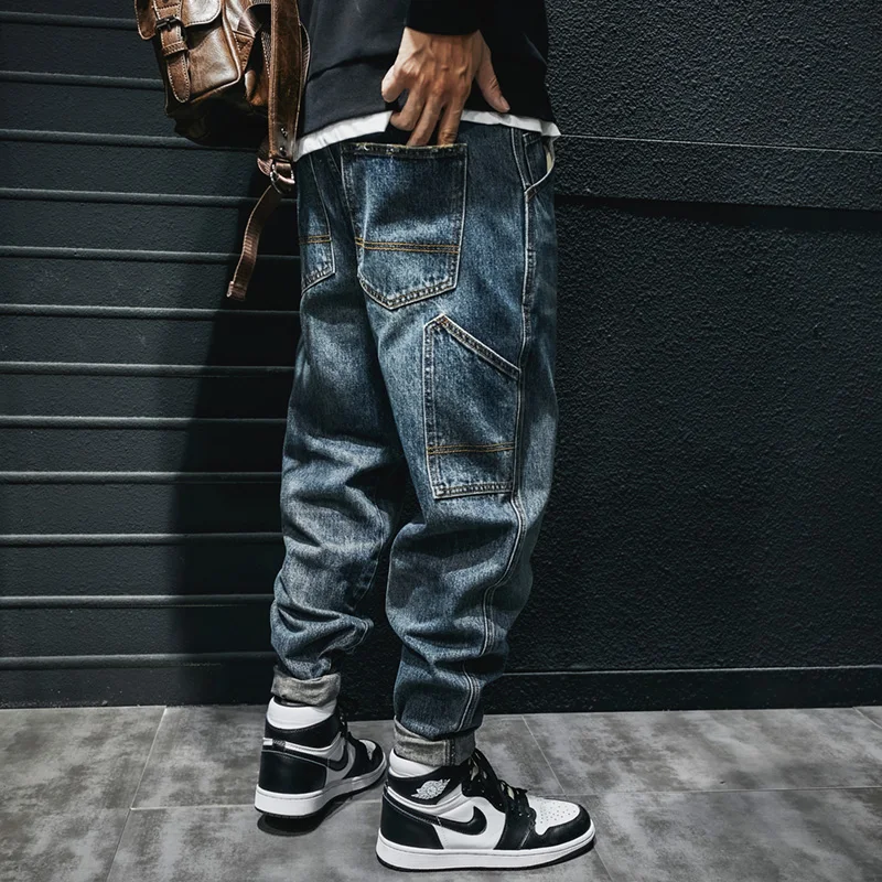 Fashion Streetwear Men Jeans Retro Blue Casual Denim Cargo Pants Hombre Multi Pockets Hip Hop Loose Jeans Men Wide Leg Trousers