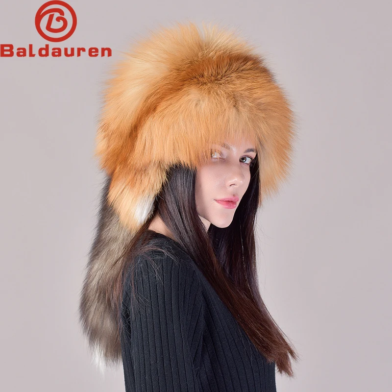 

2024 New Style Natural Fox Fur Russian Hat Ushanka Women Winter Warm Fluffy Popular Style Female Tail Cap Fashion Real Fur Hats