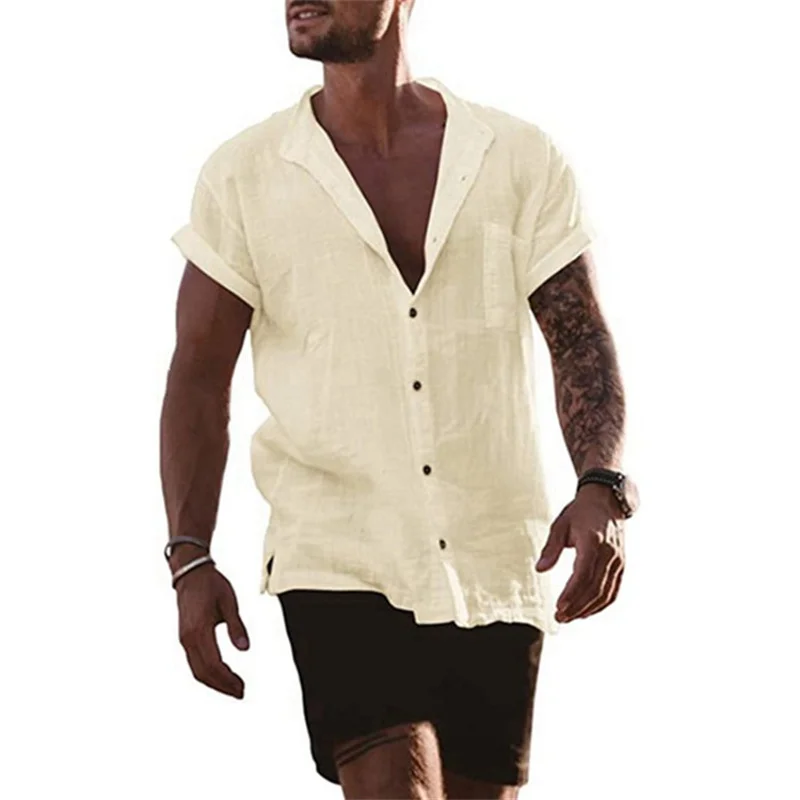 Cotton Linen Hot Sale Men\'s Short-Sleeved Shirts Summer Solid Color Stand-Up Collar Casual Beach Style Plus Size