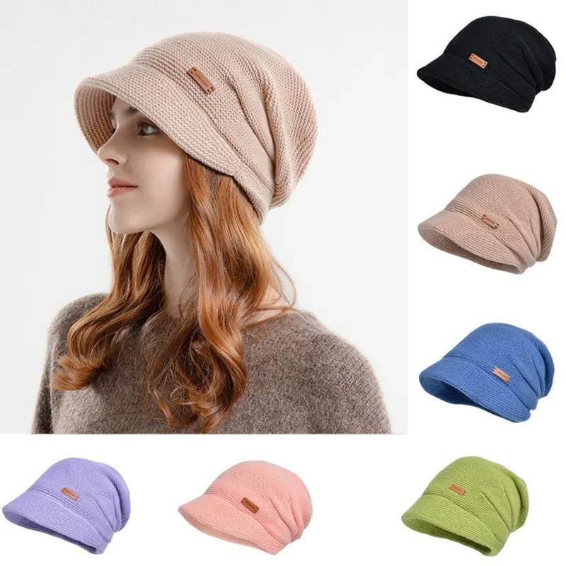 Gorro tejido de invierno para mujer, gorro holgado grueso y cálido con viseras, gorra de béisbol informal de ala ancha para mujer, gorro con protección para los oídos