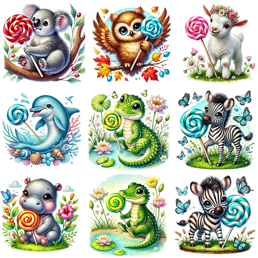 15cm Lollipop Frog Sloth Panda Iron On Heat Transfer Sticker For Kids Clothes Pinted Vinyl Thermal Washable T-Shirt Applique