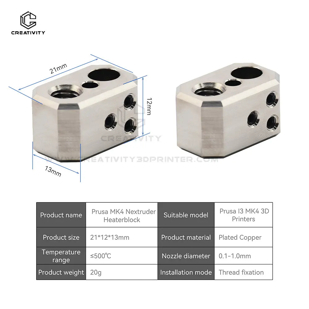 500℃ High Temperature Heated Block Copper Heated  Heating Block For Prusa I3 MK4 MK3.9 XL Project Nextruder 3D Printer Hot End