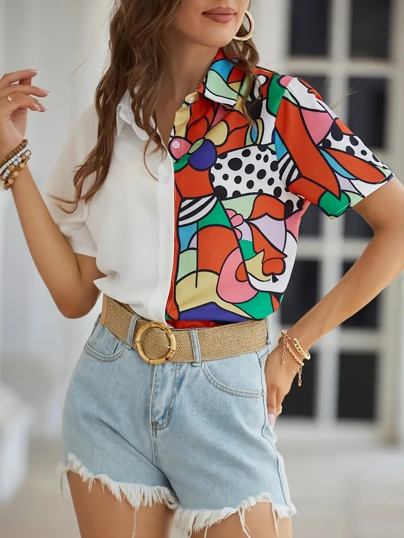 Fashion Women\'s Shirts & Blouses,Abstract Geometry Print Patchwork Button Shirt,2024 Spring & Summer Female Clothing Blouse Tops